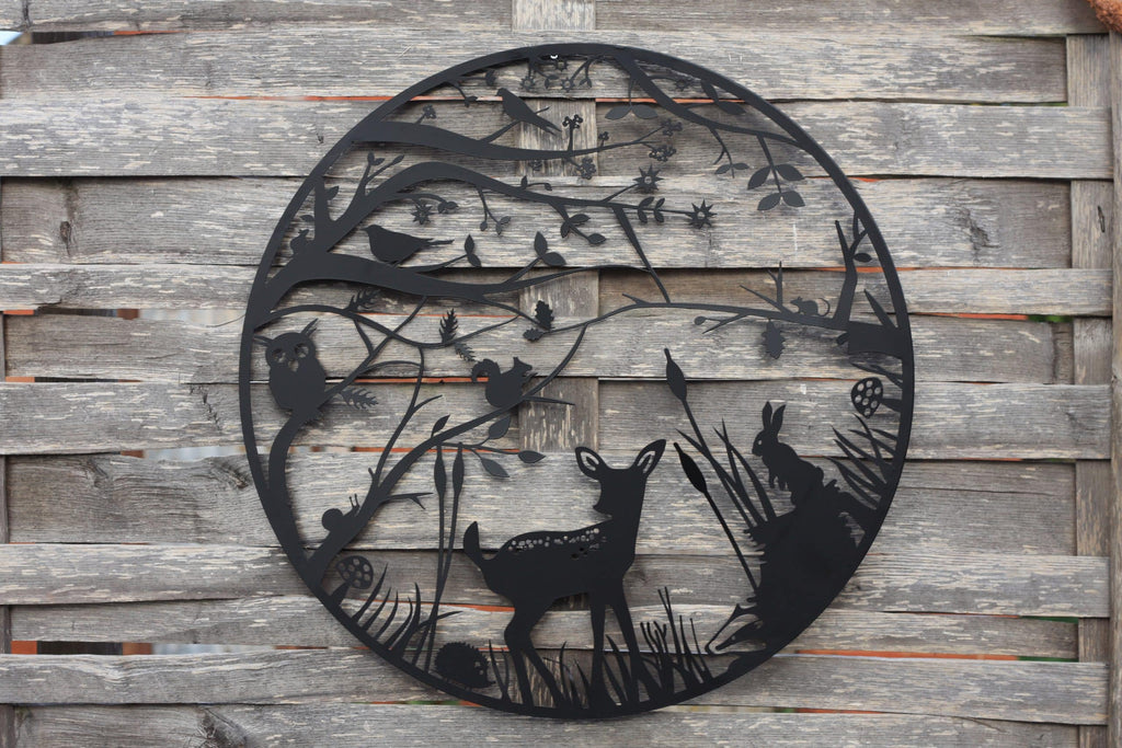 Baby Deer Woodland Scene — 60cm Steel Wall Art