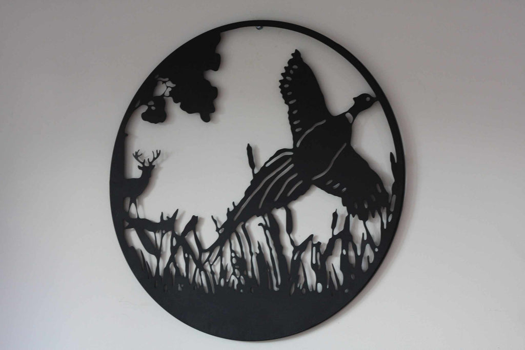 Pheasant in Flight Metal Wall Art Black | 60cm