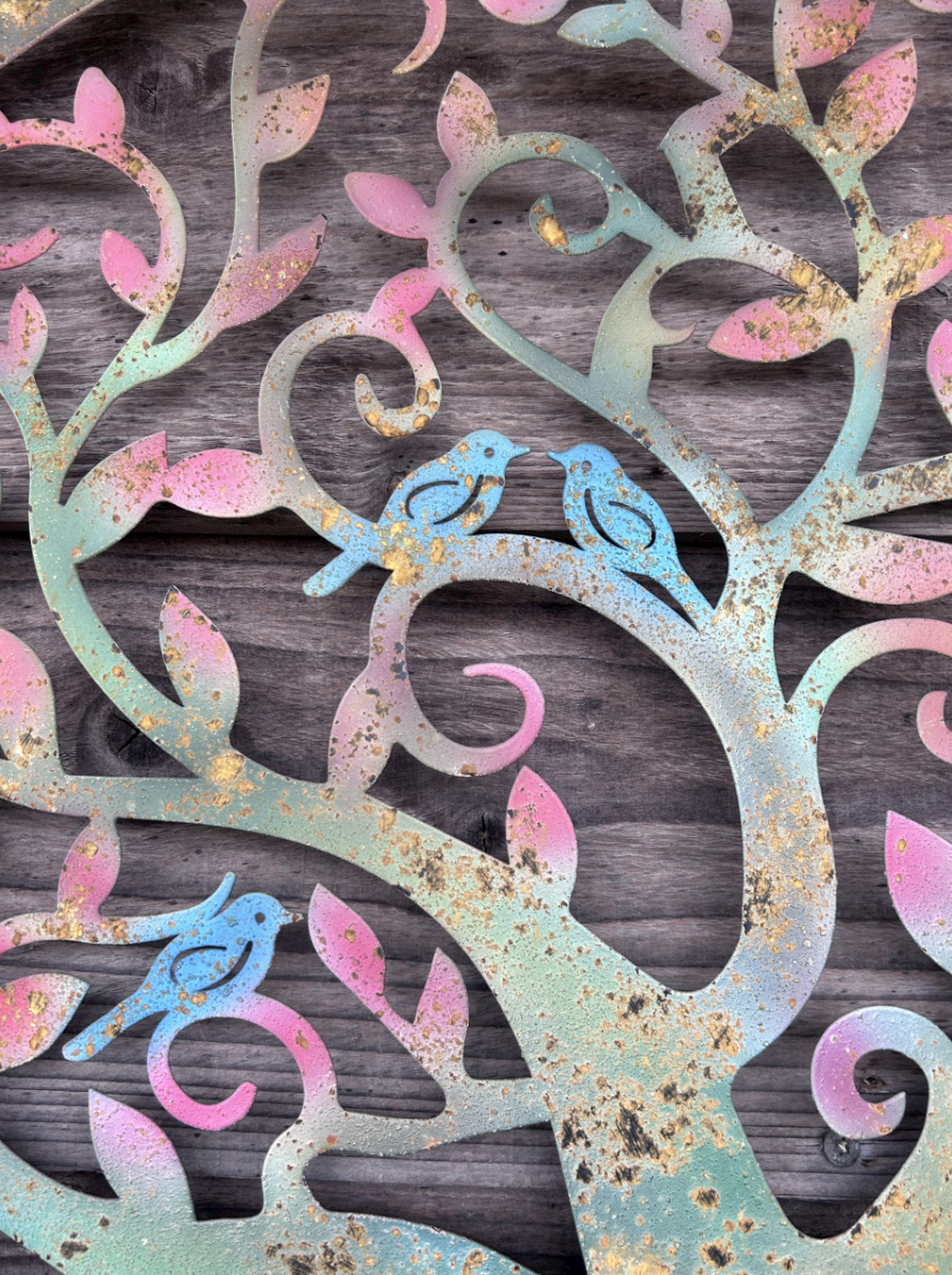 Birds in Tree Rustic Colourful | Wall Art 70cm