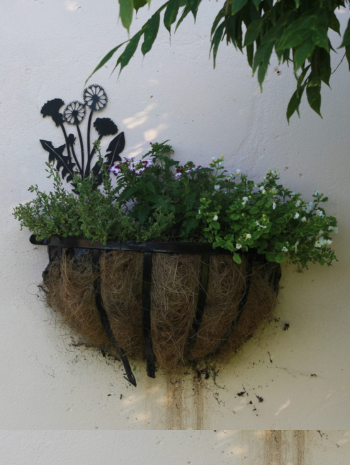 A wall-mounted black metal planter with a natural coir fiber basket and decorative black metal flowers, filled with green foliage and small purple and white flowers, mounted on a textured off-white wall.