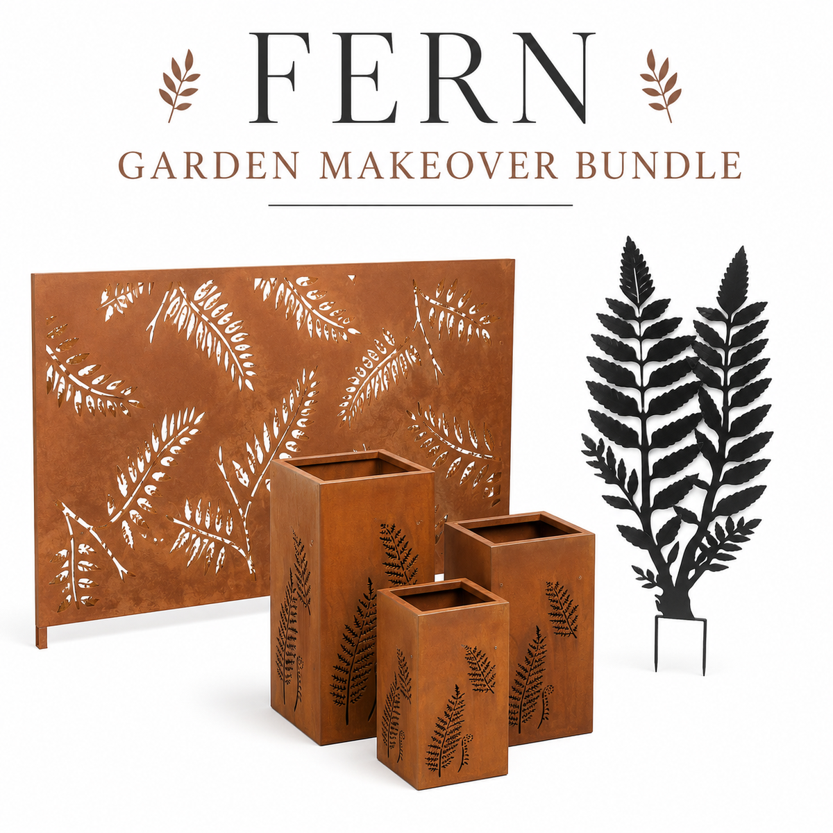 Fern Garden Makeover Bundle featuring a rusted copper panel, three matching rectangular planters with laser-cut fern patterns, and a black metal fern stake on a white background with product title text.