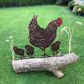 Metal Garden Art Hen and Chicks Stake | Copper Brown Laser Cut Steel Garden Decoration