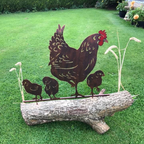Metal Garden Art Hen and Chicks Stake | Copper Brown Laser Cut Steel Garden Decoration