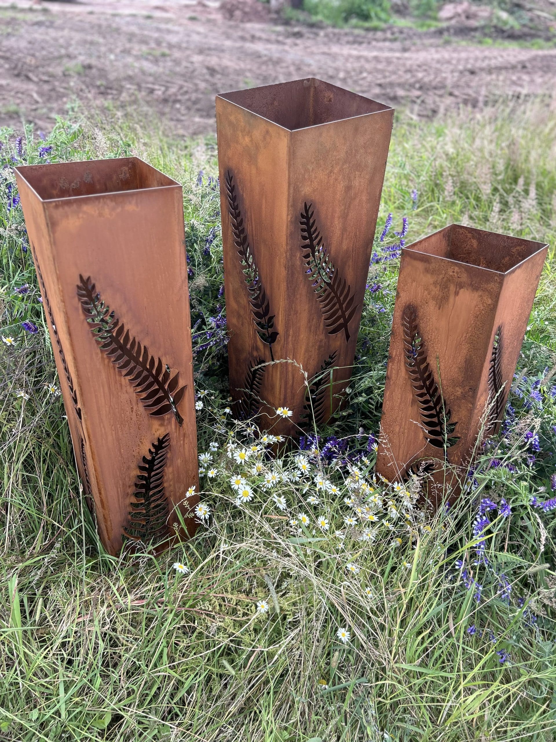 Corten Fern Leaf Columns | Set of 3