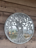 metal wall art on wooden wall antique grey finish with mirror tree of life