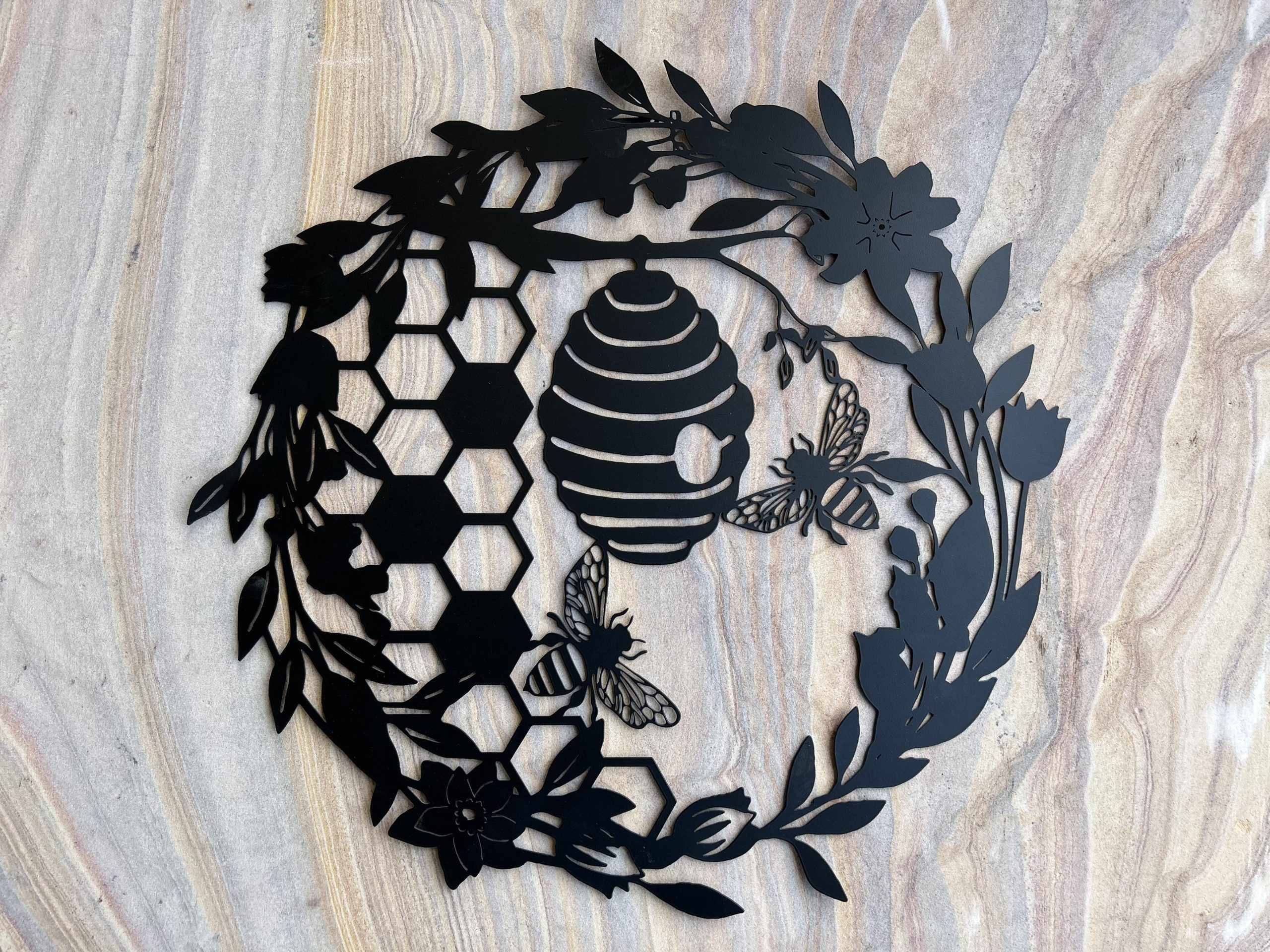 Floral Bee & Hive Metal Wall Art | 50cm