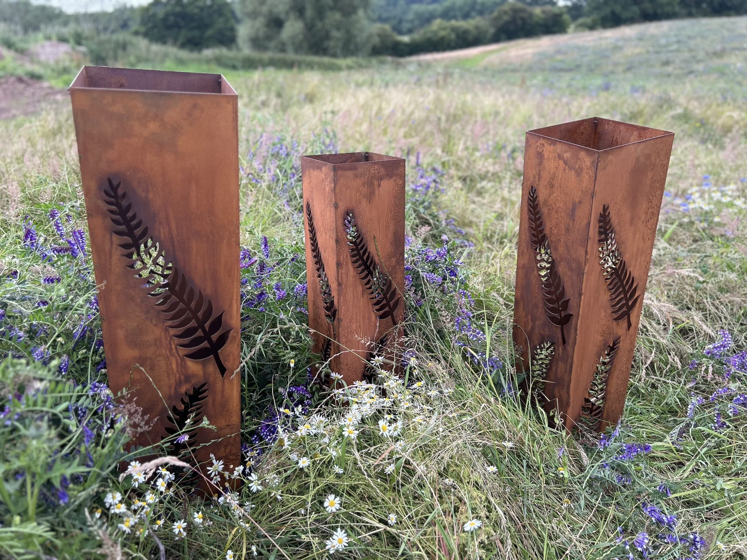 Corten Fern Leaf Columns | Set of 3