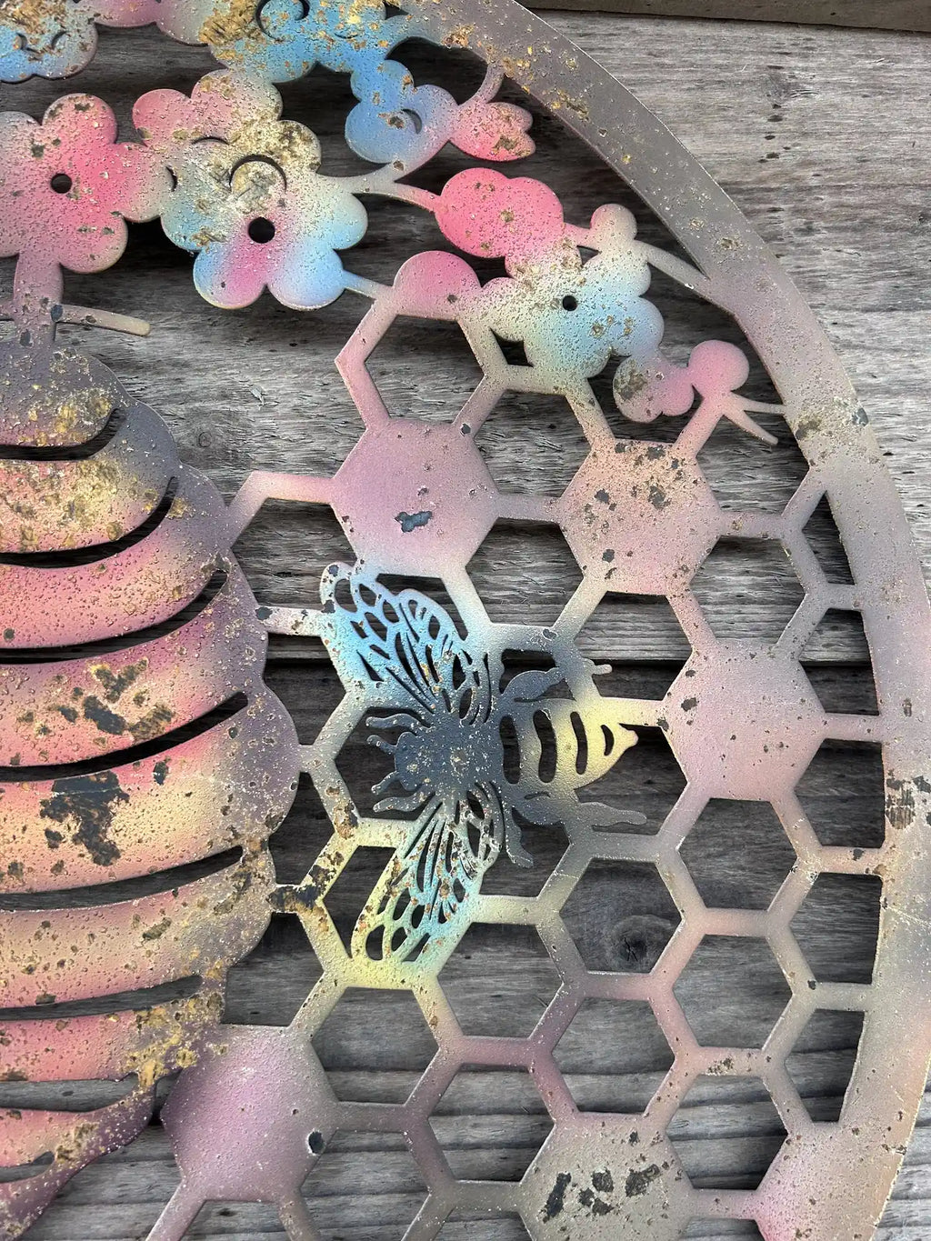 Cherry Blossom with Bee & Hive Metal Wall Art | Rustic Coloured Finish | 50cm