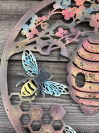 Cherry Blossom with Bee & Hive Metal Wall Art | Rustic Coloured Finish | 50cm
