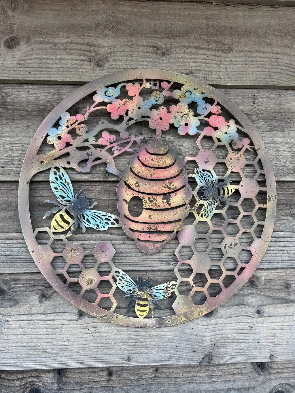 Cherry Blossom with Bee & Hive Metal Wall Art | Rustic Coloured Finish | 50cm
