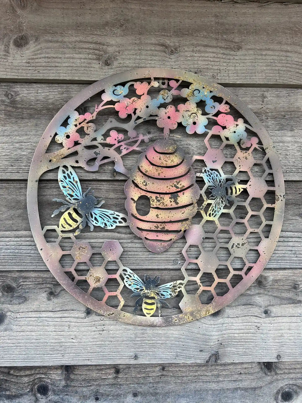 Cherry Blossom with Bee & Hive Metal Wall Art | Rustic Coloured Finish | 50cm