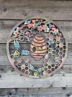 Cherry Blossom with Bee & Hive Metal Wall Art | Rustic Coloured Finish | 50cm