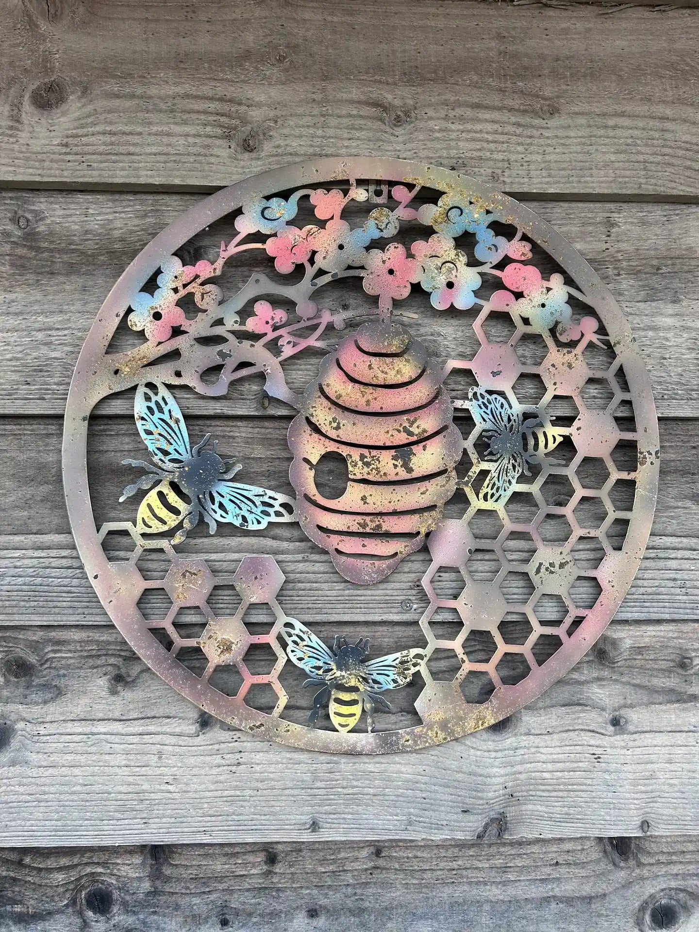 Cherry Blossom with Bee & Hive Metal Wall Art | Rustic Coloured Finish | 50cm