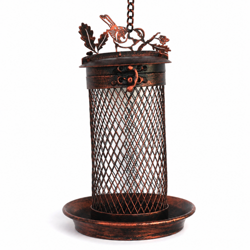 copper bronze bird feeder on white background with tray for birds feeding uk garden